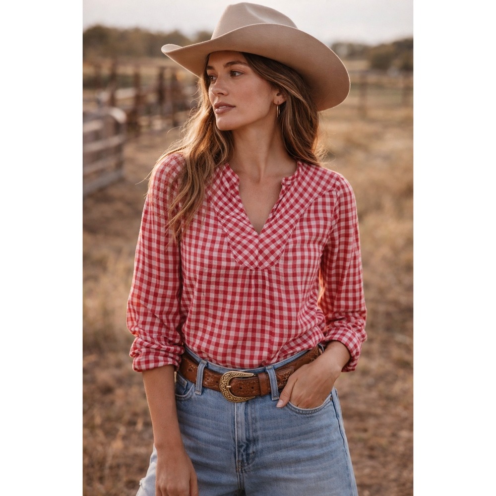 Anthro Holding Horses Red Gingham Blouse M Popover Western Ranch Prairie Top